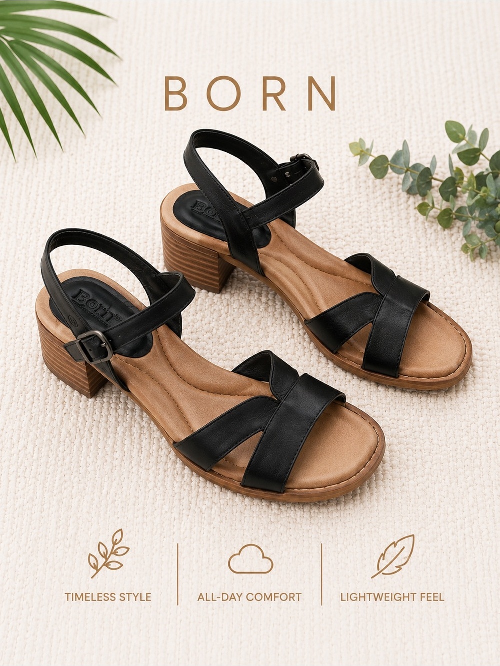 Born Black Leather Block Heel Comfort Sandals Sz 10